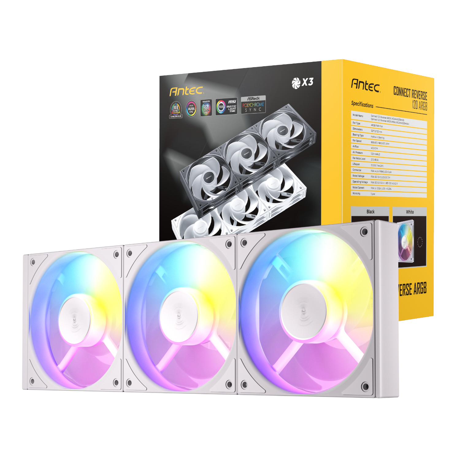 Antec CONNECT PWM 120mm ARGB Reverse Case Fan 3 Pack White